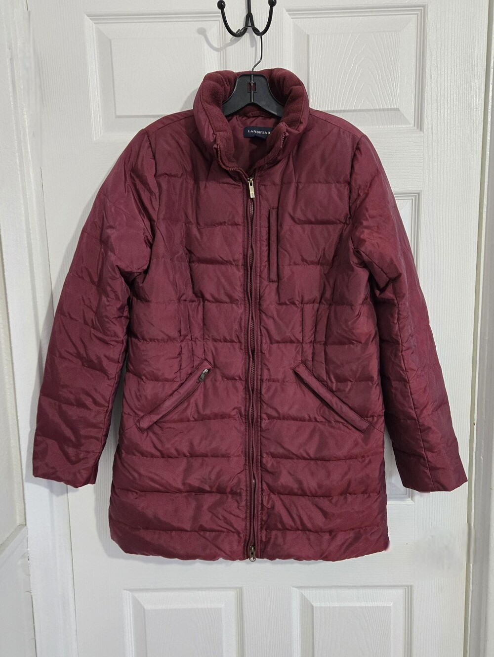 Lands’ End Women’s Burgundy Long Puffer Coat Fleece Collar Jacket Size Small